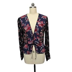 Free People‎ Blouse Womens Medium Navy Floral Peplum Tie Waist Long Sleeve Boho